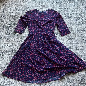 Navy with red floral detail quarter length sleeve dress
